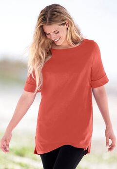 Perfect Cuffed Elbow-Sleeve Boat-Neck Tee