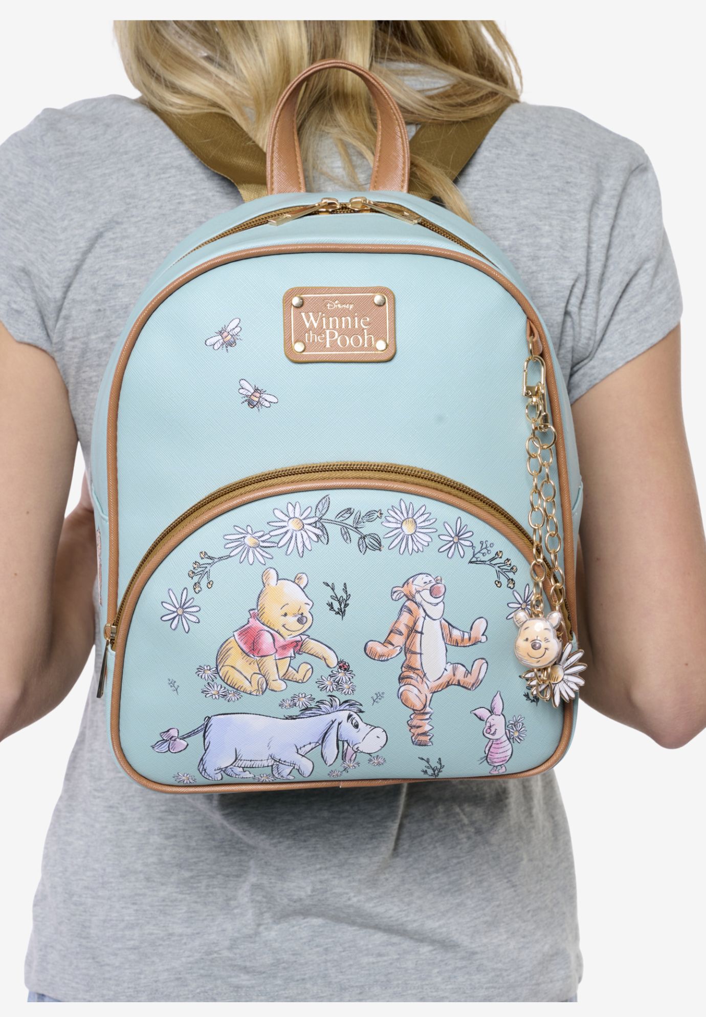 Winnie the Pooh Mini Backpack Sketch Floral Disney Bag with Detachable Charm, BLUE, alternate image number 3