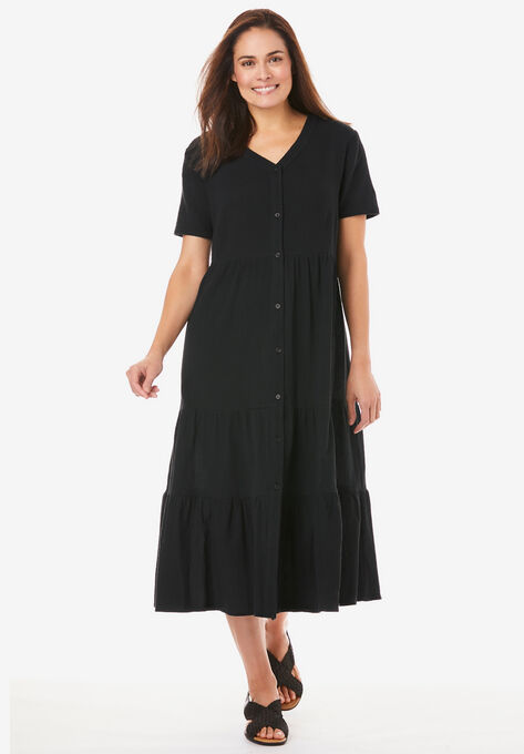 Button-Front Tiered Dress, BLACK, hi-res image number null