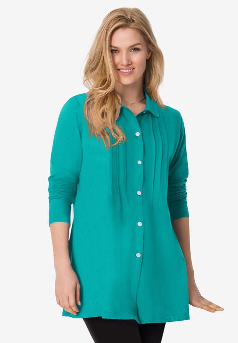 Pintucked Button-Front Tunic, AQUAMARINE, hi-res image number null