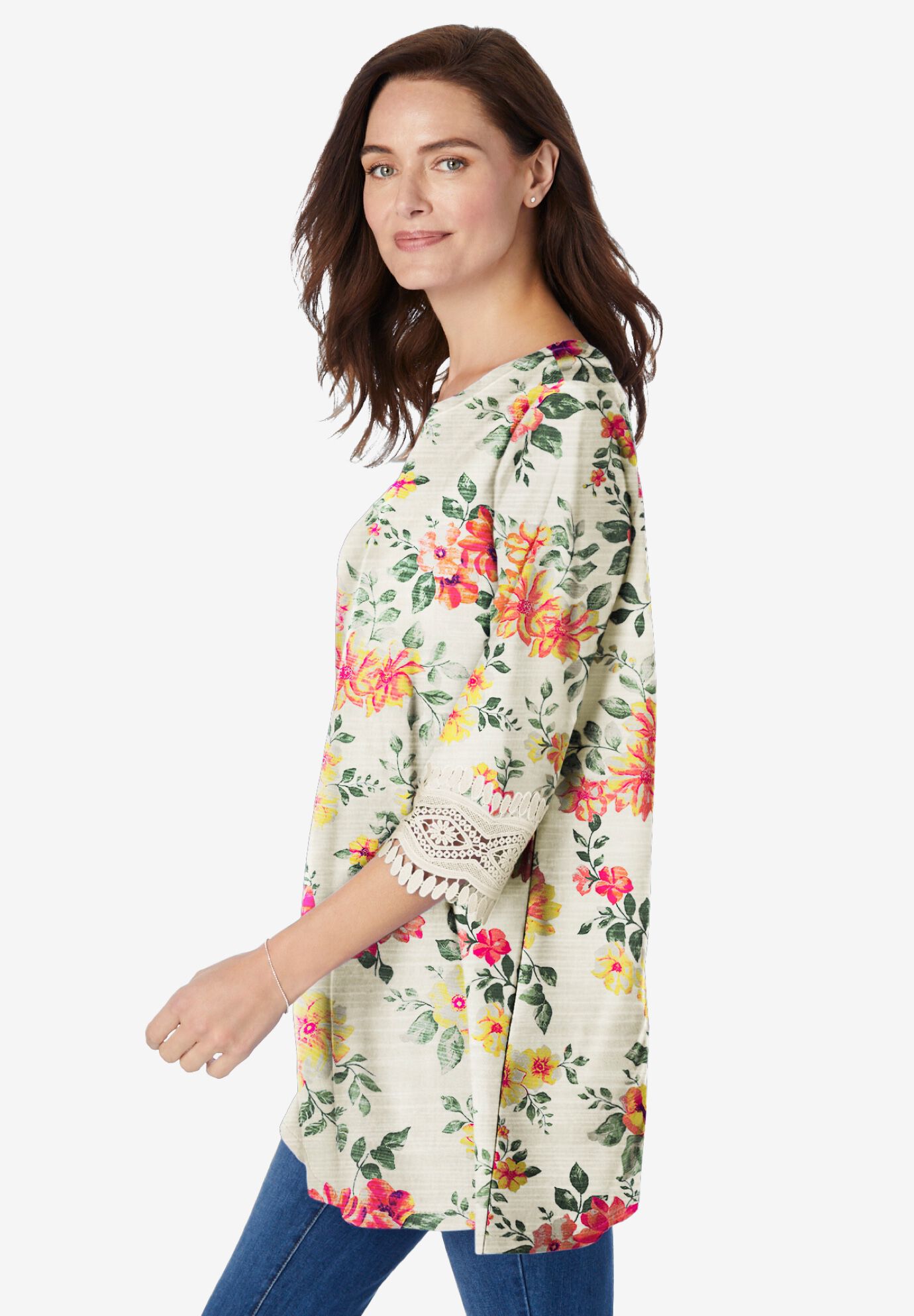 Crochet-Trim Three-Quarter Sleeve Tunic, IVORY YELLOW WATERCOLOR FLORAL, alternate image number 2