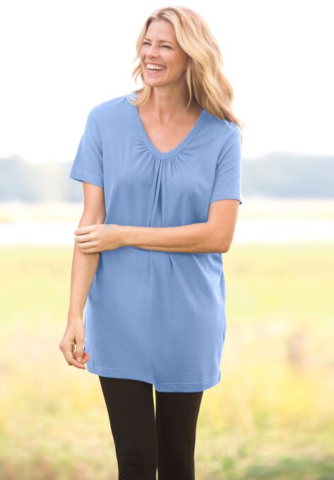 Perfect Short-Sleeve Shirred V-Neck Tunic, , alternate image number null