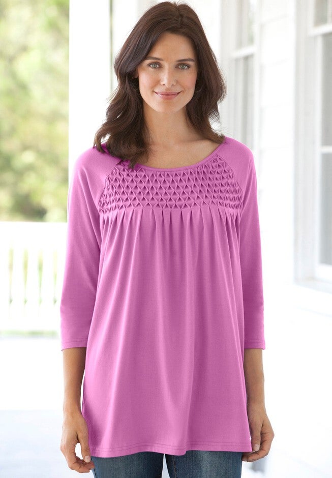 Three-Quarter Sleeve Smocked Tunic, , alternate image number 4
