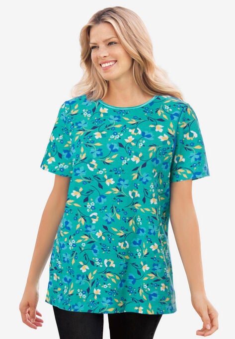 Thermal Short-Sleeve Satin-Trim Tee, PRETTY JADE DANCING FLORAL, hi-res image number null