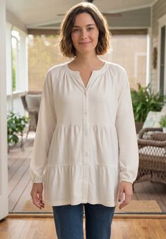 Tiered A-Line Button-Down Long-Sleeve Knit Tunic
