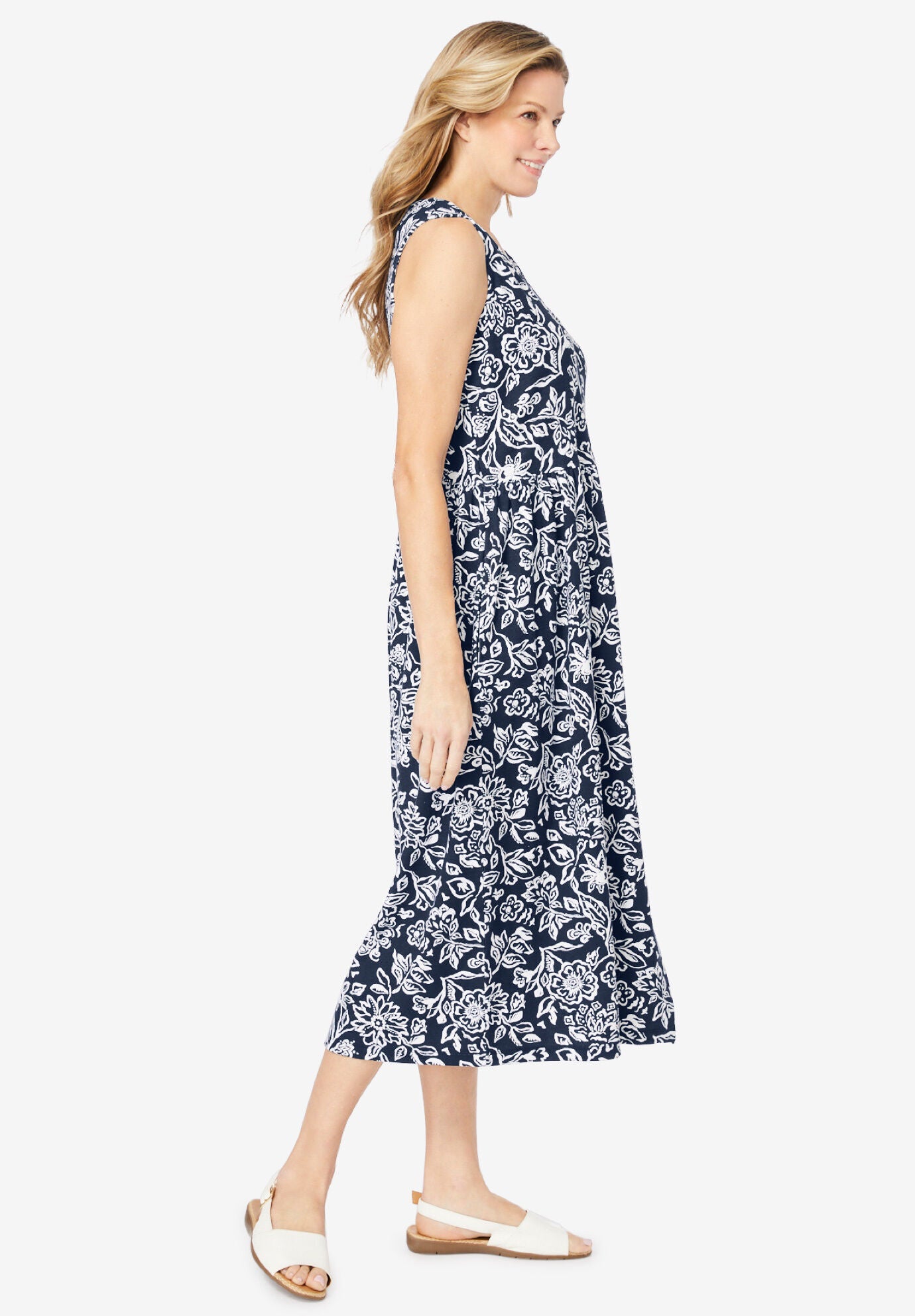 Sleeveless Button Front Dress with Pockets, Black Stencil Flower ...