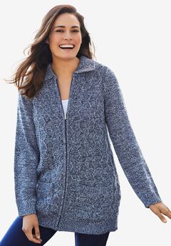 Marled Zip-Front Cable Knit Cardigan