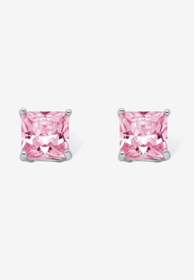 Sterling Silver Stud Princess Cut Simulated Birthstone Stud Earrings, JUNE, hi-res image number 0