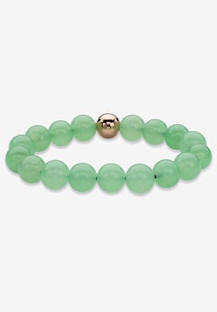 Yellow Gold Stretch Bracelet with Beaded Genuine Green Jade, 7"