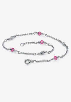 Platinum Plated Silver Ankle Bracelet (2Mm), Round Simulated Birthstone 11 Inches