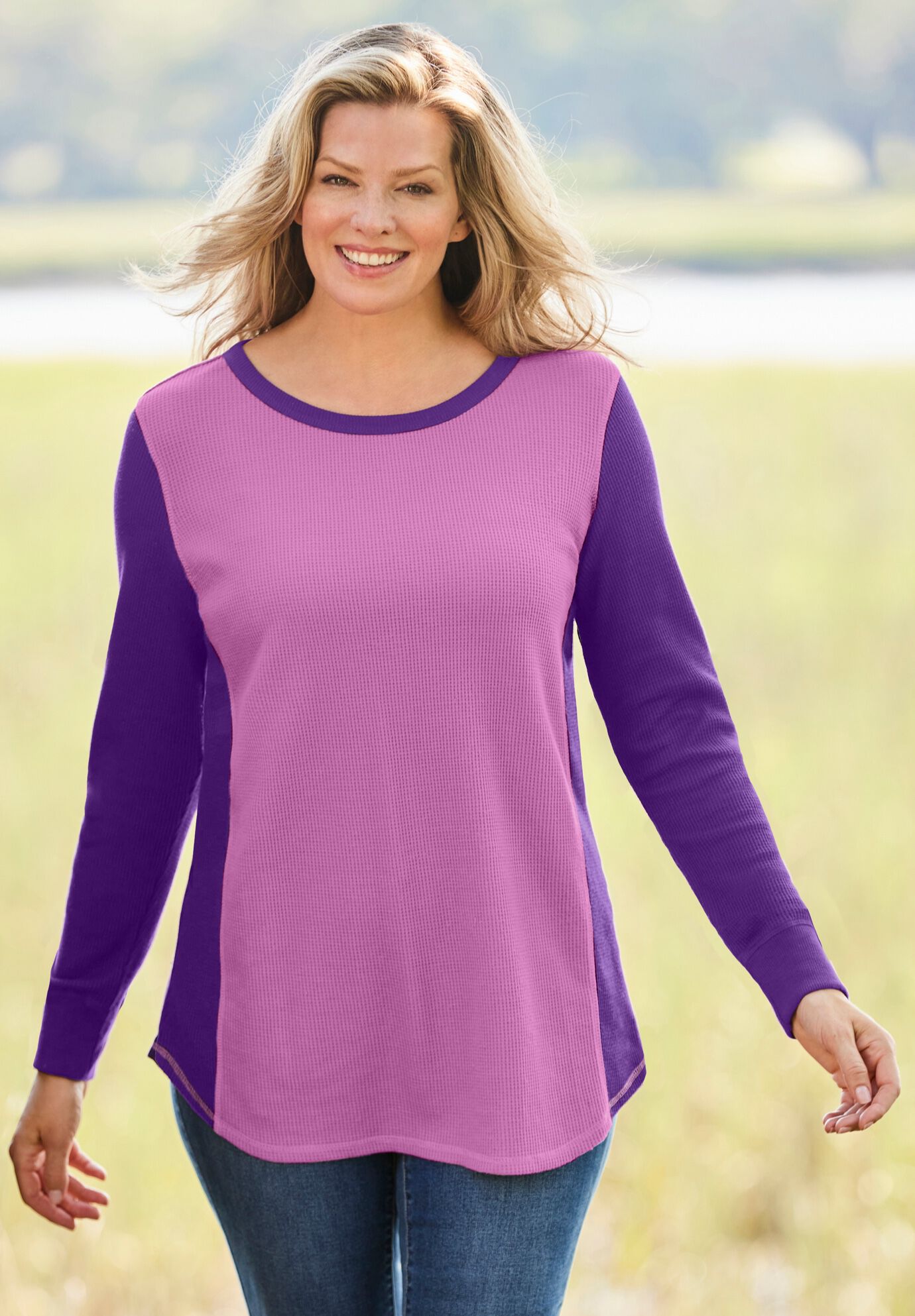 Colorblock Scoopneck Thermal Sweatshirt, , alternate image number 6