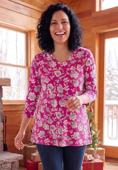 Perfect Printed Three-Quarter Sleeve V-Neck Tee