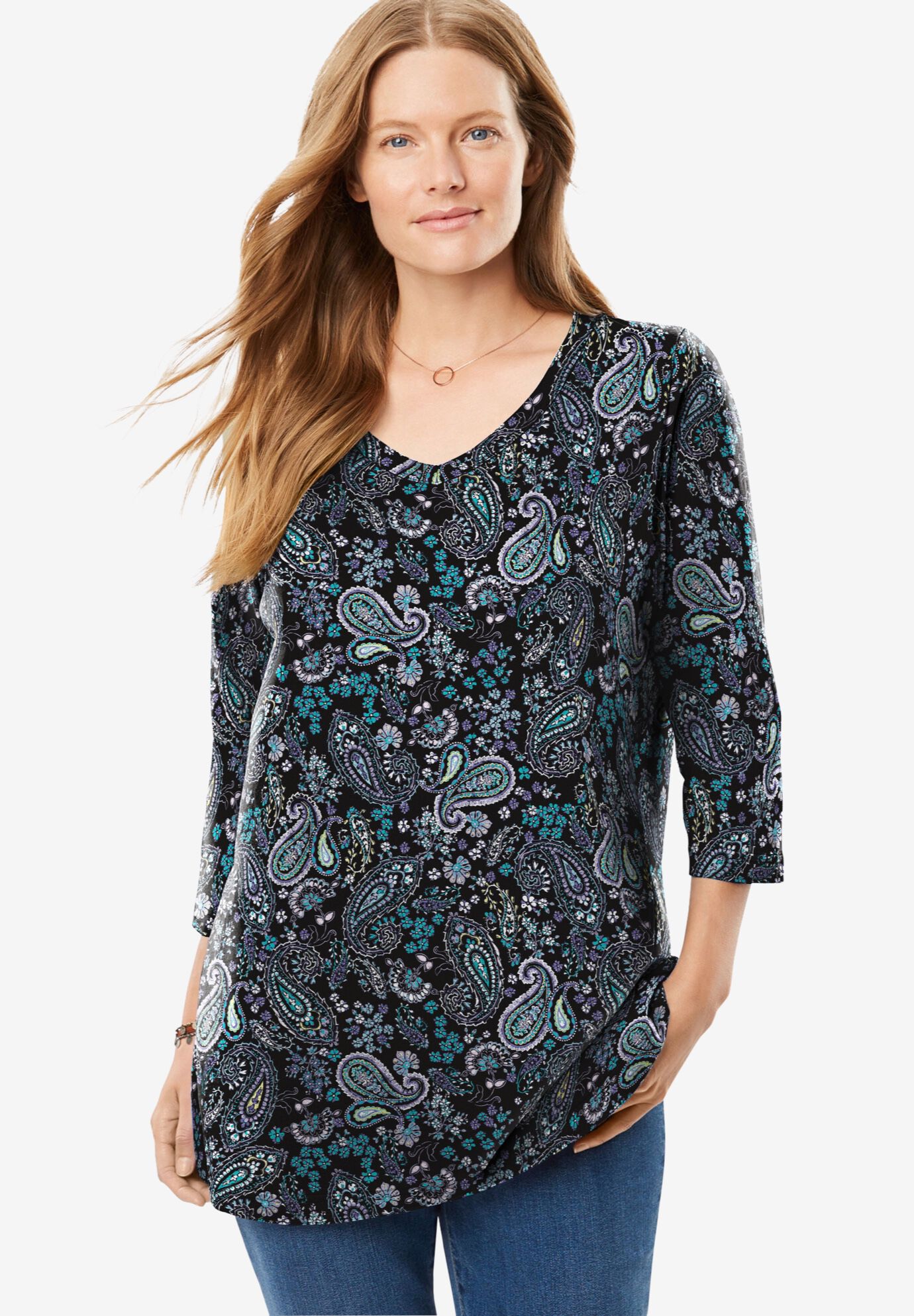 Woman Within Plus Size Perfect Printed Three-Quarter Sleeve V-Neck Tee - Picture 7 of 62