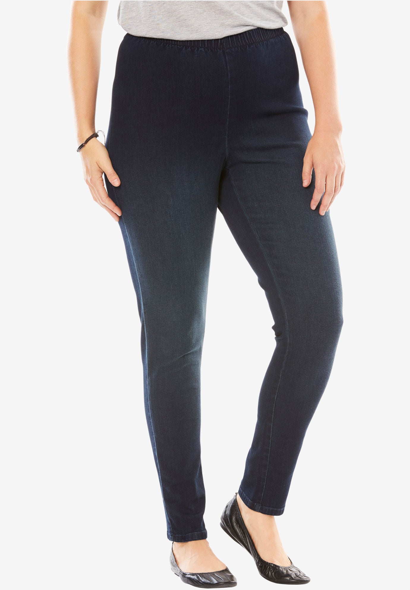 Pull-On Elastic-Waist Stretch Fineline Denim Jeans, INDIGO SANDED, hi-res image number 0