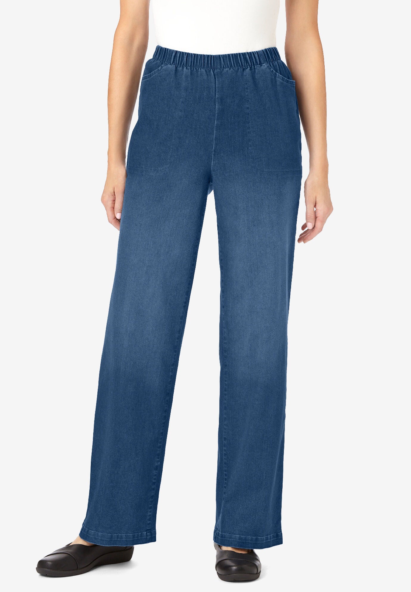 Wide Leg Fineline Jeans Pull On Denim Stonewash Sanded