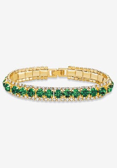 Gold Tone Tennis Bracelet (10mm), Round Birthstones and Crystal, 7"