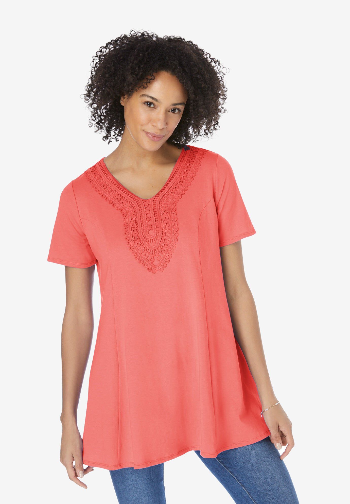 Rounded V-Neck Crochet Tunic, SWEET CORAL, hi-res image number 0