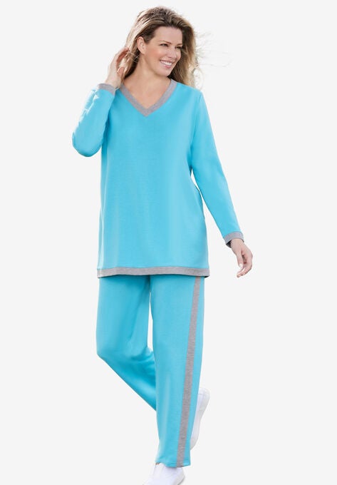V-Neck Contrast Trim Fleece Set, PRETTY TURQUOISE MEDIUM HEATHER GREY, hi-res image number null