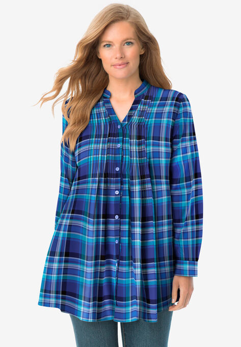 Pintucked Flannel Shirt, BRIGHT COBALT PLAID, hi-res image number null