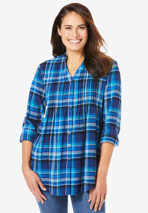 Pintucked Flannel Shirt, BRIGHT COBALT PLAID, hi-res image number null
