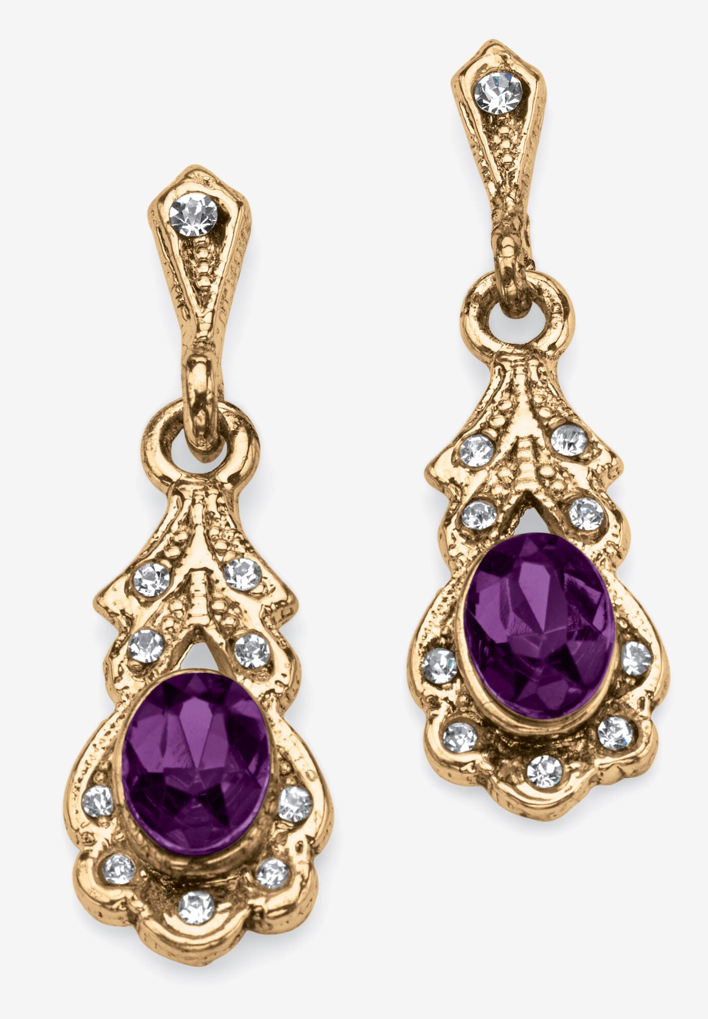 Gold Tone Antiqued Oval Cut Simulated Birthstone Vintage Style Drop Earrings, FEBRUARY, hi-res image number 0