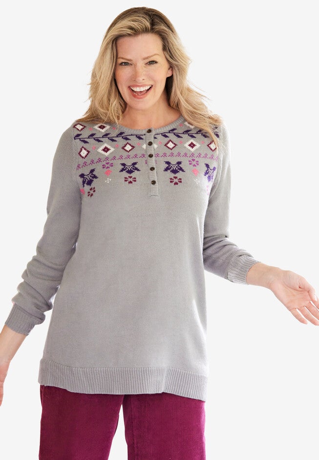 Fair Isle Henley Pullover Sweater, GUNMETAL MULTI FAIR ISLE, hi-res image number null