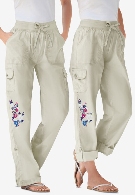 Convertible Length Cargo Pant, NATURAL KHAKI FLORAL EMBROIDERY, hi-res image number null