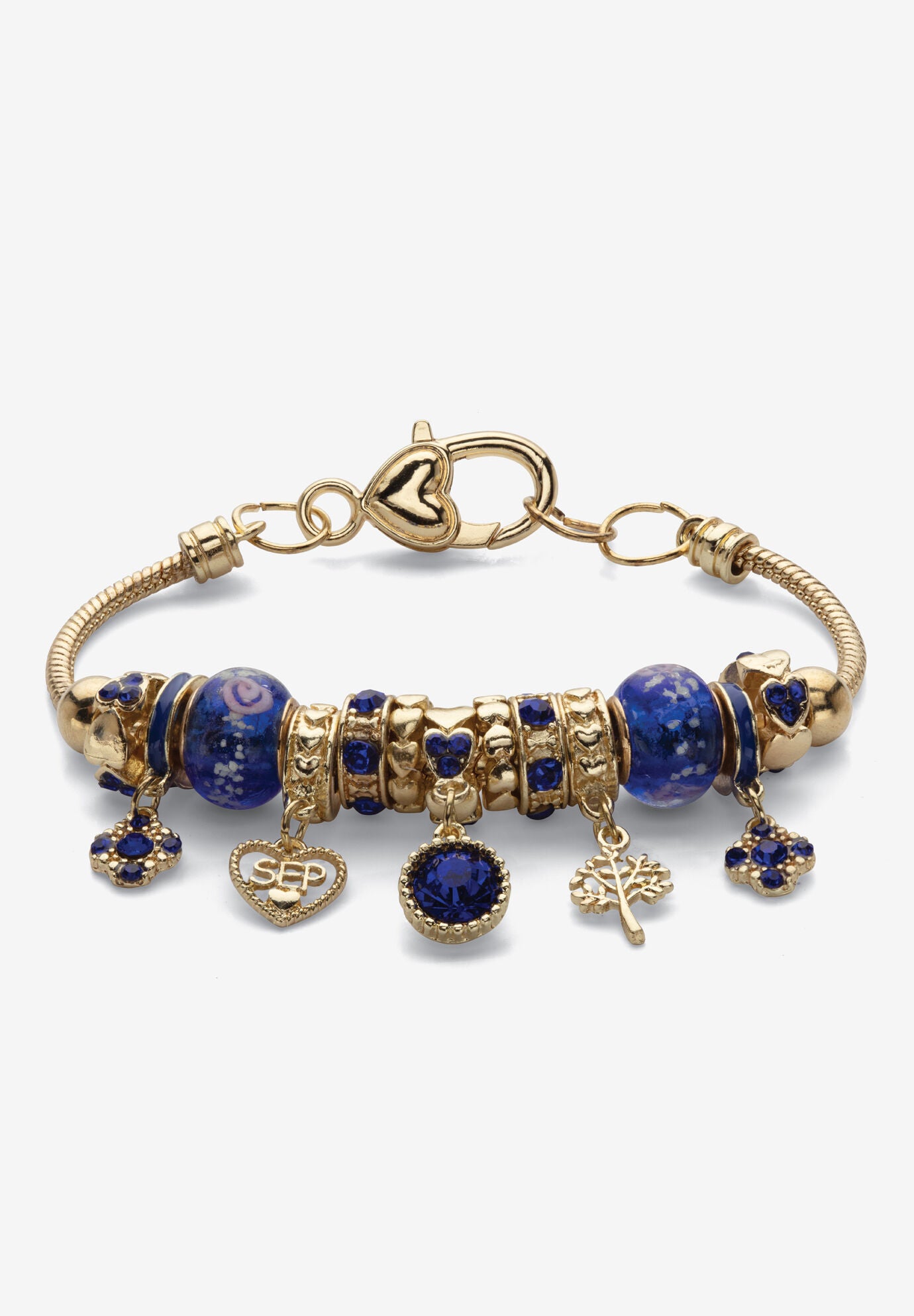 Goldtone Antiqued Birthstone Bracelet (13mm), Round Crystal 8 inch Adjustable, SEPTEMBER, hi-res image number 0