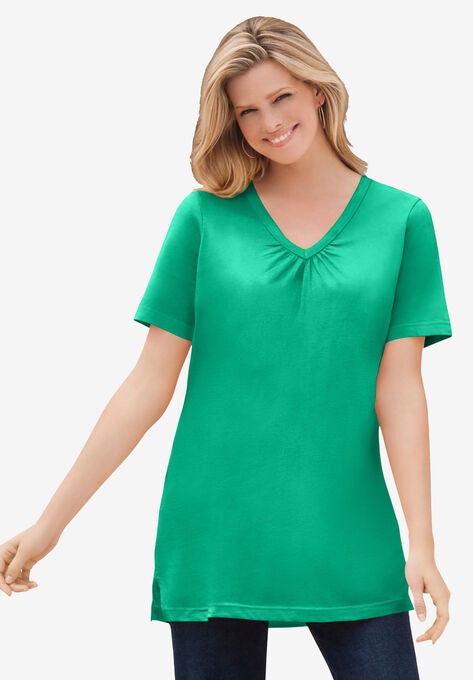 Perfect Short-Sleeve Shirred V-Neck Tunic | Woman Within