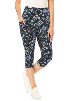 Stretch-Cotton Knit Pull-On Printed Pocket Capri Leggings