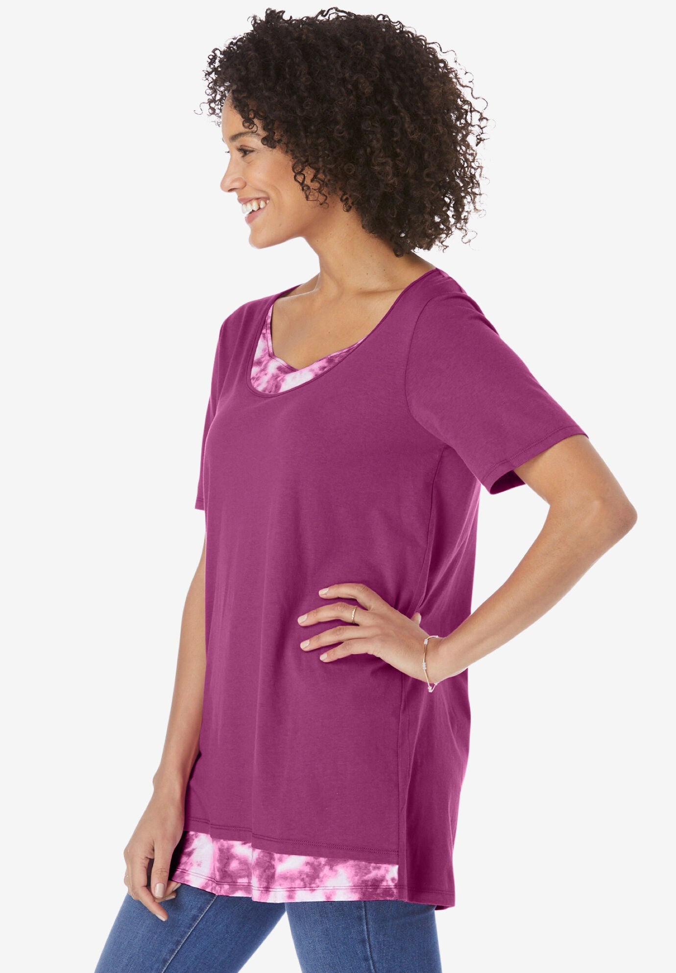 Layered-Look Print Tunic, RASPBERRY TIE-DYE, alternate image number 2