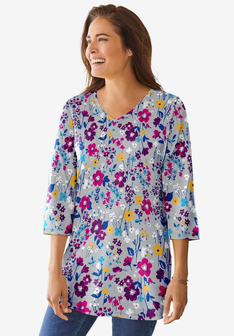 Perfect Printed Three-Quarter-Sleeve V-Neck Tunic, HEATHER GREY FIELD FLORAL, hi-res image number null