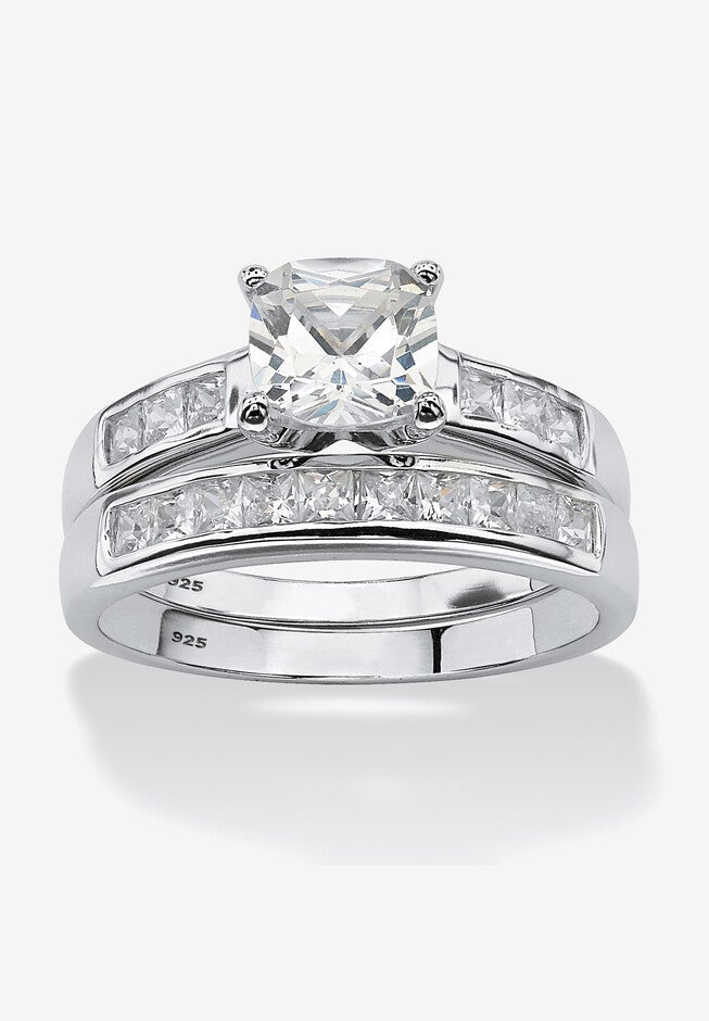 Platinum over Silver Princess Cut Cubic Zirconia Bridal Ring Set, CUBIC ZIRCONIA, hi-res image number 0
