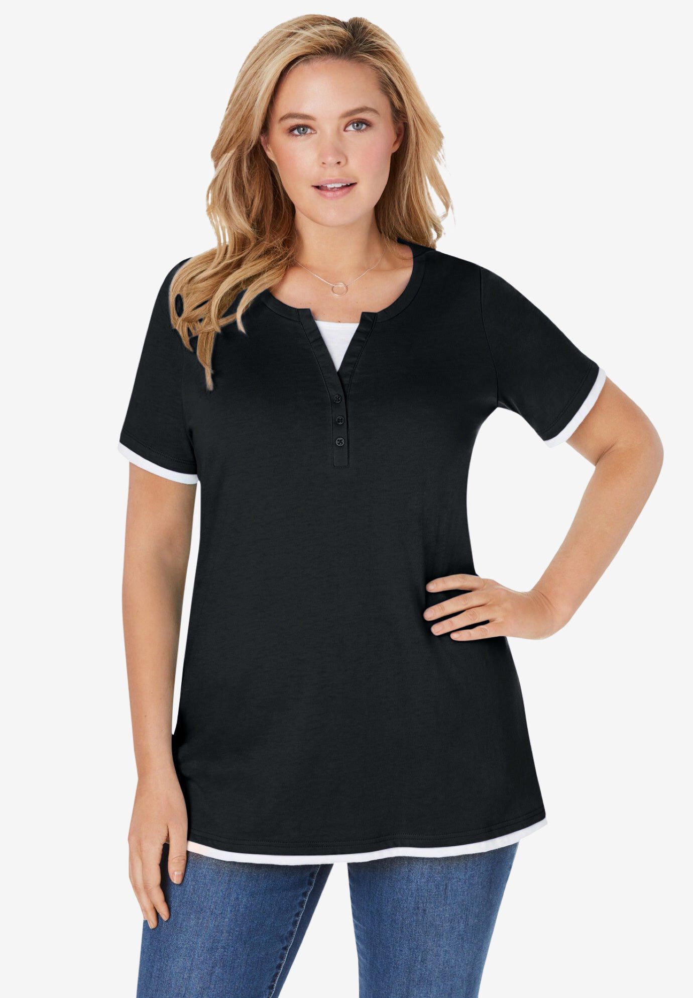 Layered-Look Tee with Button-Trim Henley Neck, Black | Woman Within