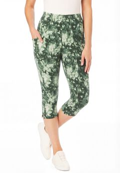 Stretch-Cotton Knit Pull-On Pocket Capri Leggings