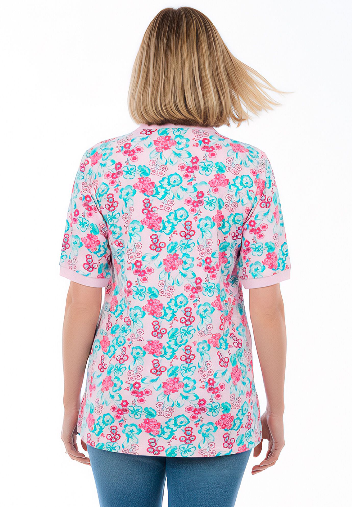 Elbow-Sleeve Polo Tunic, PINK SWEETSCAPE, on-hover image number 1