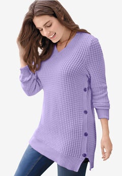 Side Button V-Neck Waffle Knit Sweater