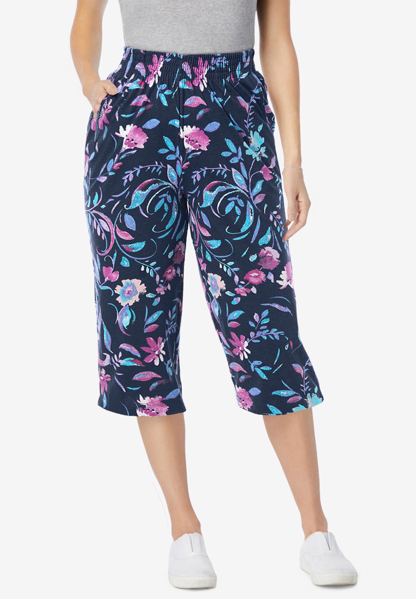Elastic-Waist Pull-On Knit Pocket Capri Pants, NAVY MULTI FLORALS, hi-res image number 0