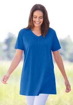 Perfect Short-Sleeve Shirred V-Neck Tunic