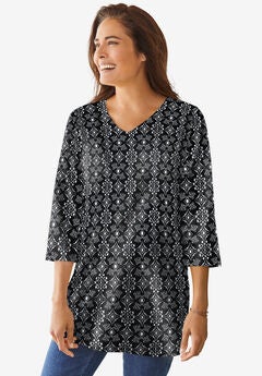 Perfect Printed Three-Quarter-Sleeve V-Neck Tunic
