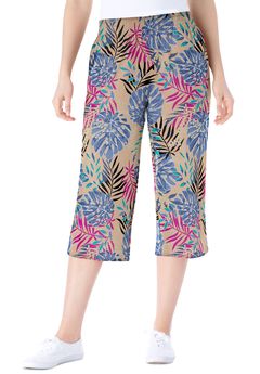 Elastic-Waist Pull-On Knit Pocket Capri Pants