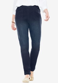Fineline Pull-On Elastic Waist Straight-Leg Stretch Denim Jeans