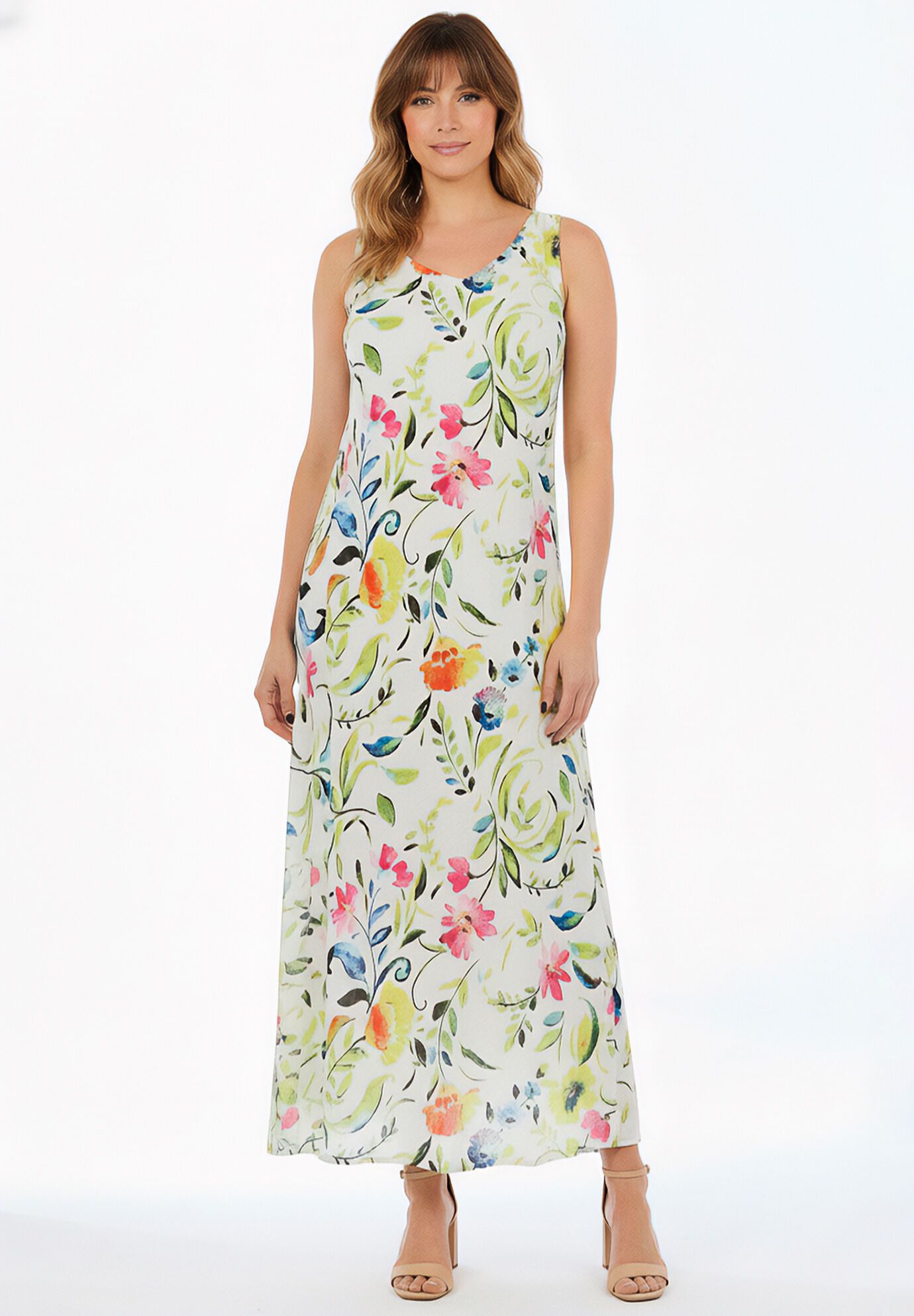 Sleeveless Crinkle Dress, WHITE MULTI WATERCOLOR, hi-res image number 0