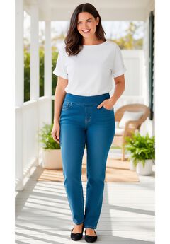 Smooth Waist Pull-On Flex Fit Straight-Leg Stretch Denim Jeans
