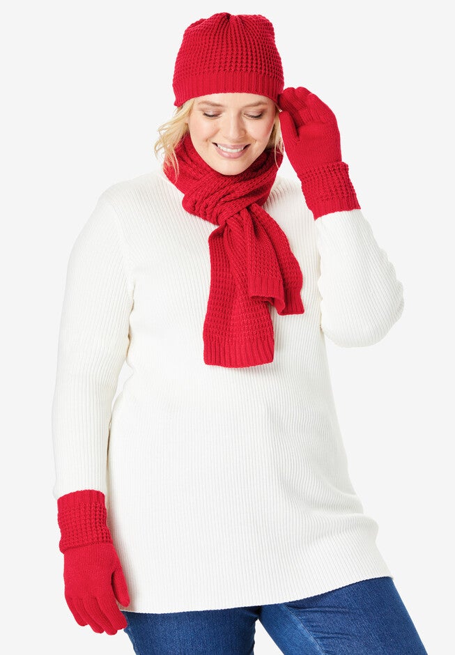 3-Piece Waffle Knit Cold-Weather Set, VIVID RED, hi-res image number null