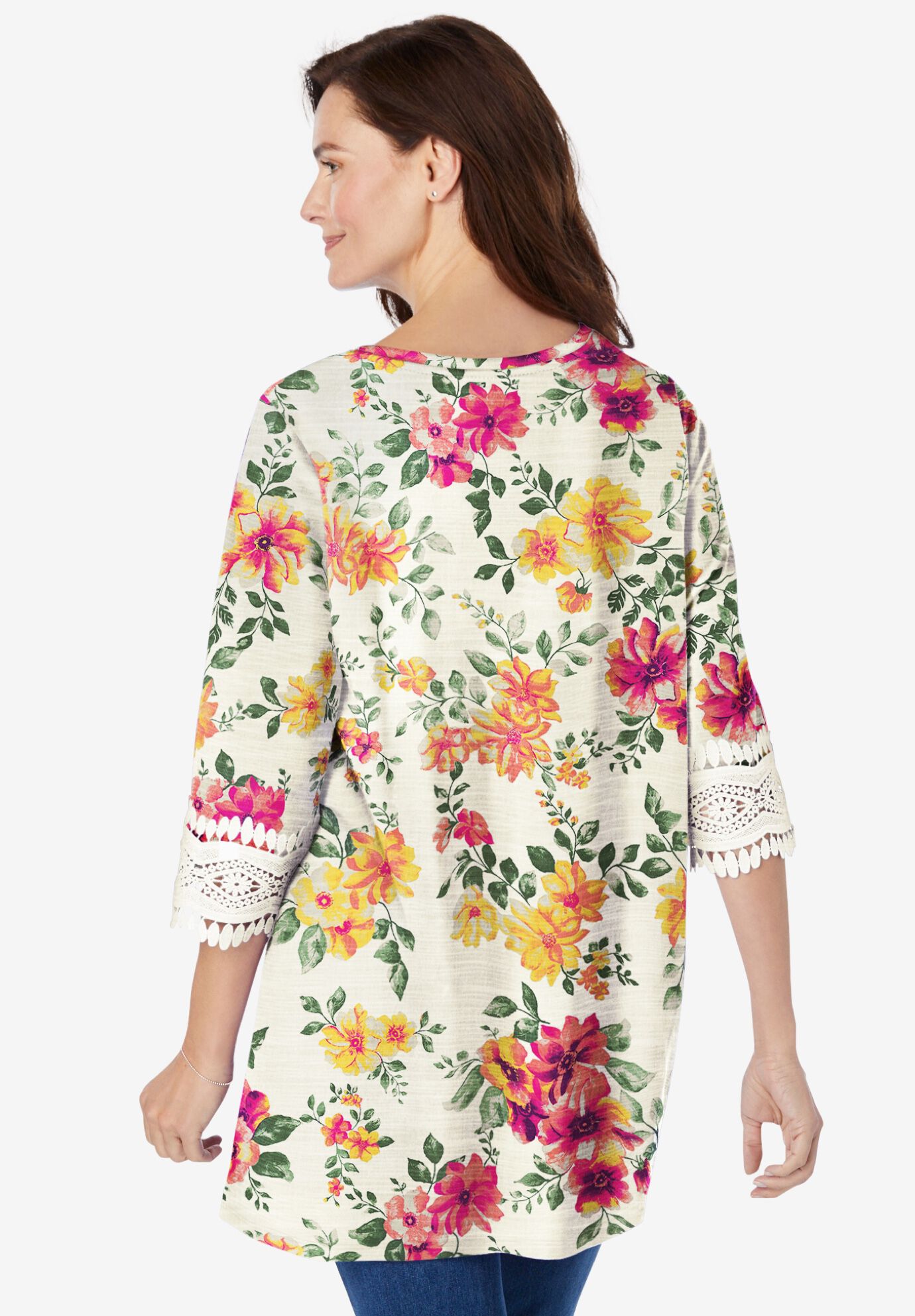 Crochet-Trim Three-Quarter Sleeve Tunic, IVORY YELLOW WATERCOLOR FLORAL, on-hover image number 1
