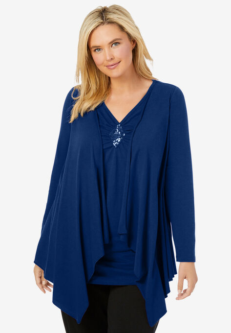 Layered look long top with sequined inset, EVENING BLUE, hi-res image number null