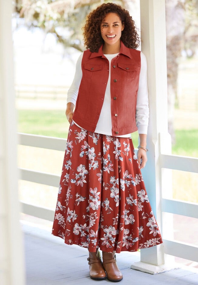 Pull-On Elastic Waist Maxi Skirt with Pockets, Red Ochre Blossom