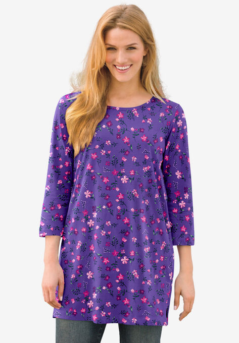 Perfect Printed Three-Quarter-Sleeve Scoop-Neck Tunic, PETAL PURPLE PRETTY FLORAL, hi-res image number null