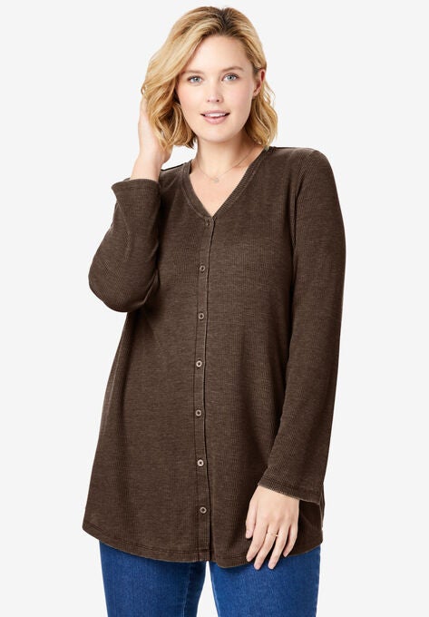 Button Front Washed Thermal, CHOCOLATE, hi-res image number null